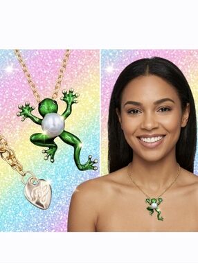 Gold plated green pearl crystal frog necklace/brooch